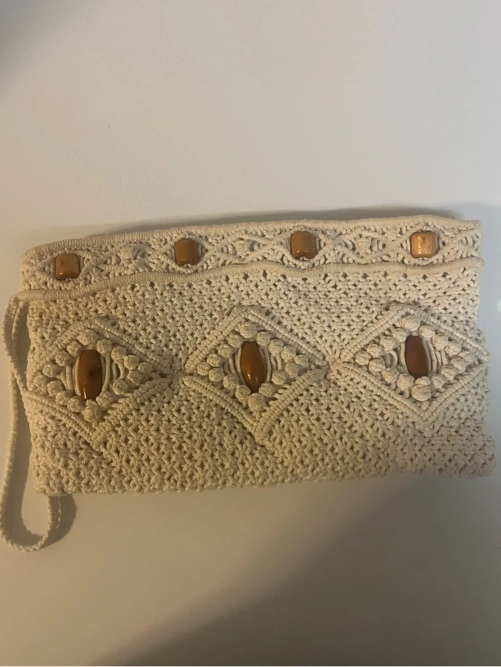 Vintage Mid Century Cream Macrame Clutch with‎ Wood Bead Accents 11x6in Bohemian